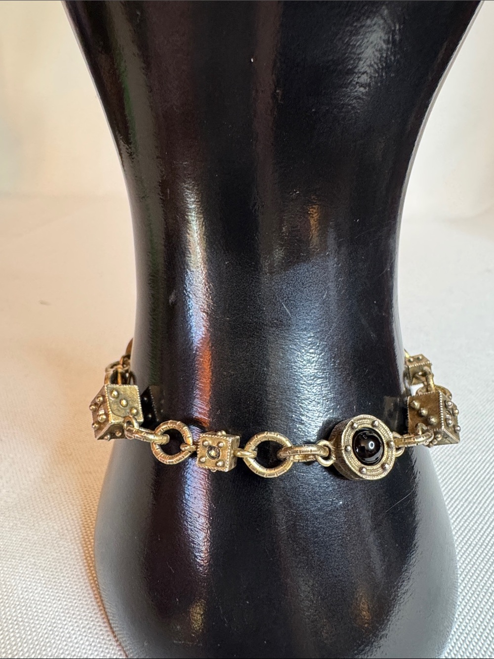 Patricia Locke Gold-Tone Textured Link Bracelet with Black Stone Accent